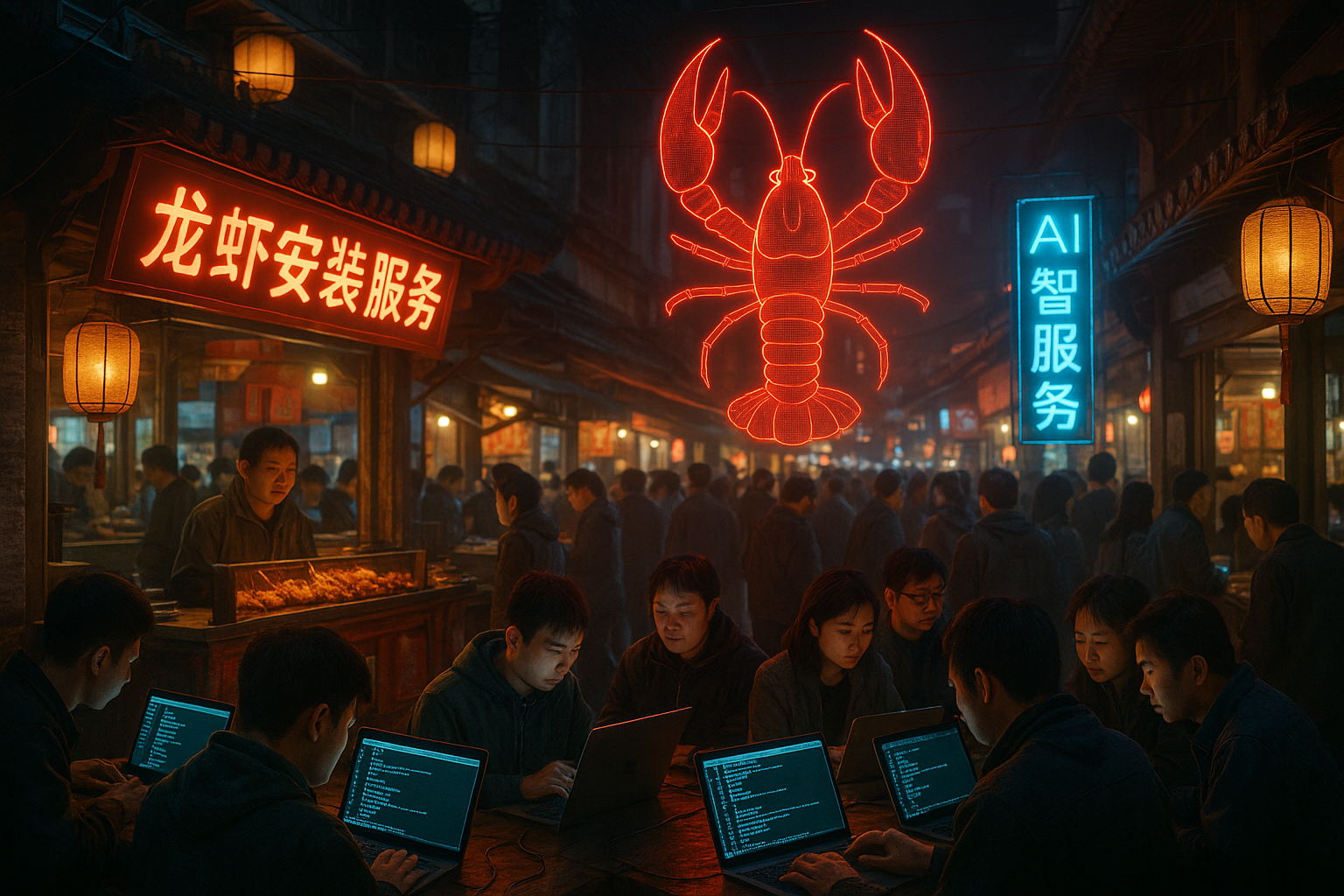 A Chinese night market, advertising lobster installation services, crowds gathered around laptops