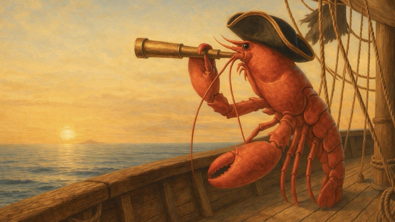 A red lobster pirate looking through a brass telescope toward the horizon