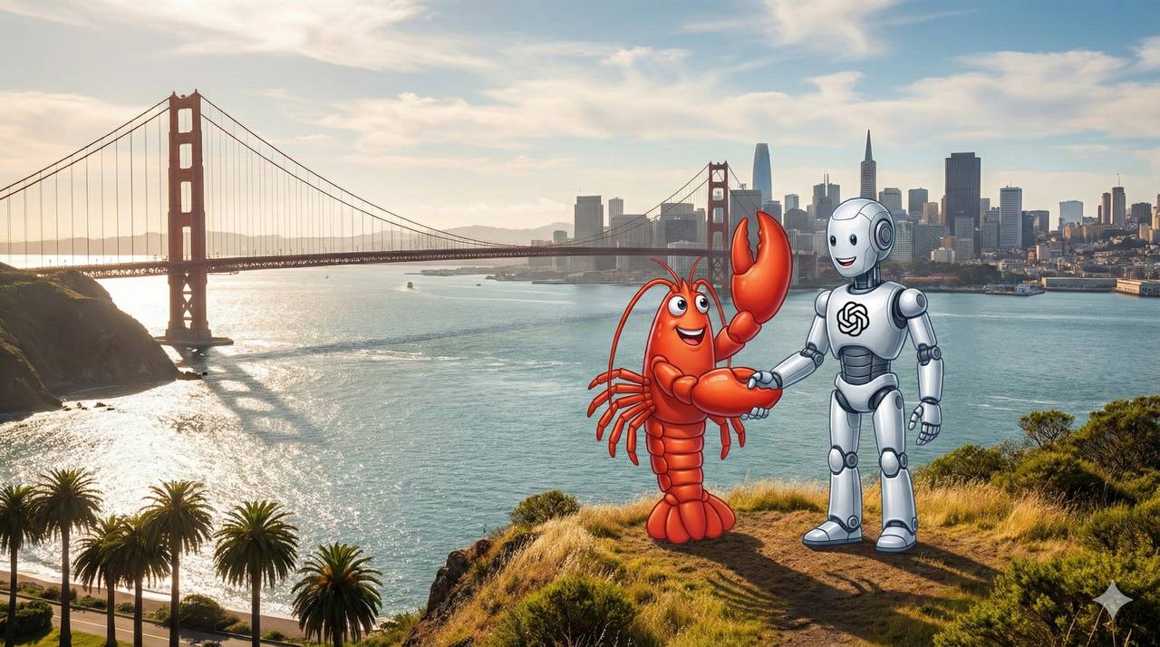 The OpenClaw lobster and an OpenAI robot shaking hands in front of the Golden Gate Bridge